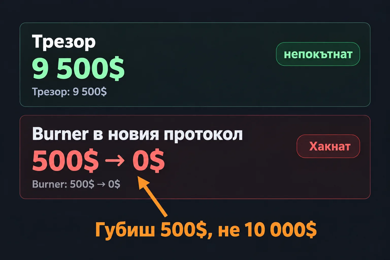 Два wallet-а: трезорът с 9 500$ е непокътнат, а burner-ът с 500$ в хакнатия протокол е на нула
