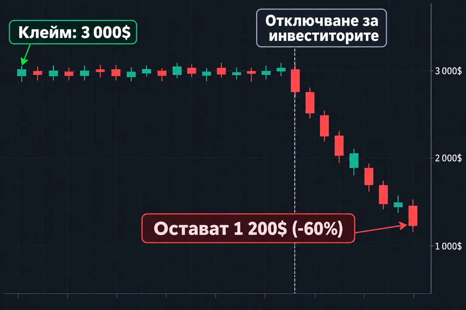 Графика на токена след клейма: 3 000$ при клейма, отключване месец по-късно и 1 200$ накрая