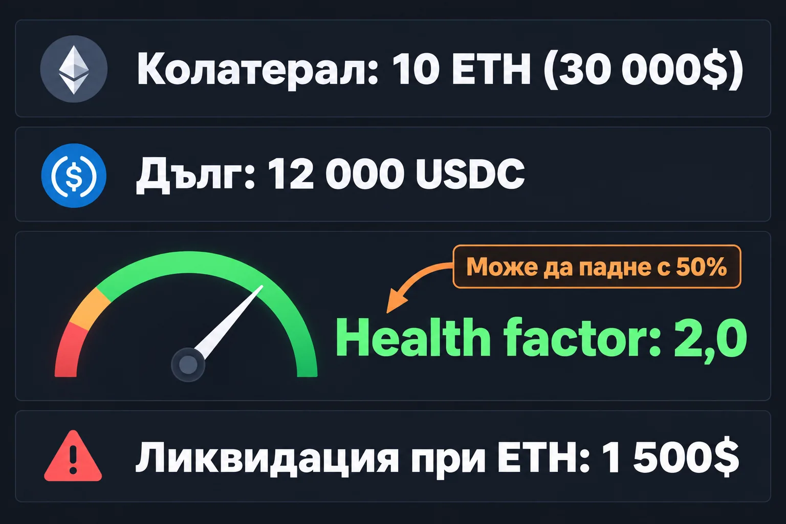 Lending табло: health factor 2, ликвидация при ETH 1 500$