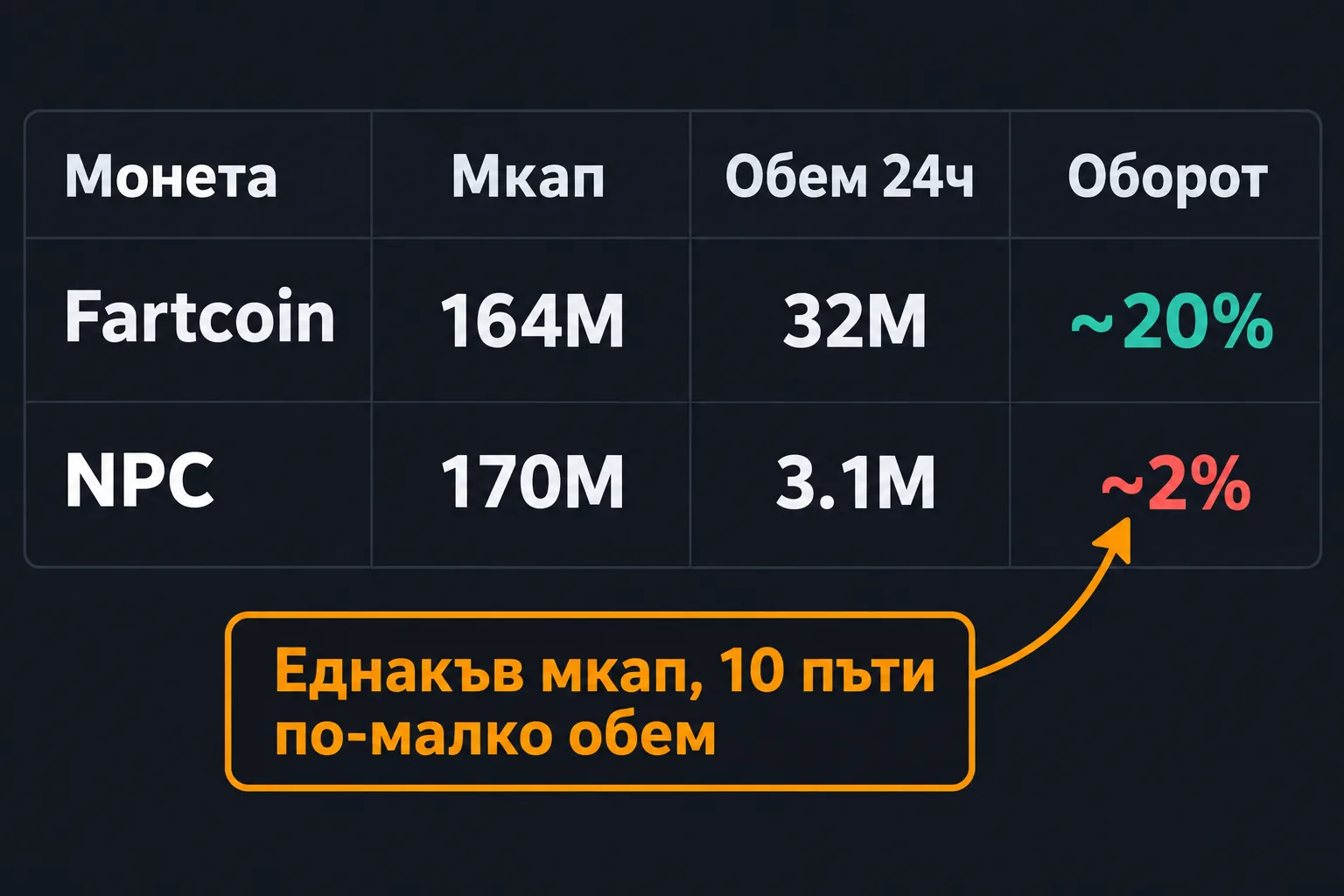 Таблица: Fartcoin и NPC с еднакъв мкап и 10 пъти разлика в обема