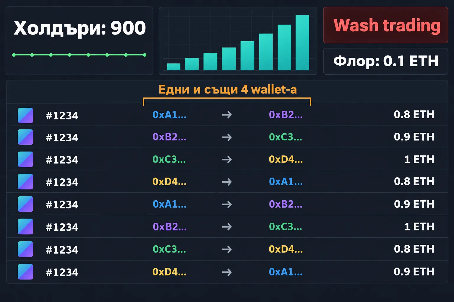 Активност на колекция: едно и също NFT минава между четири wallet-а над флора