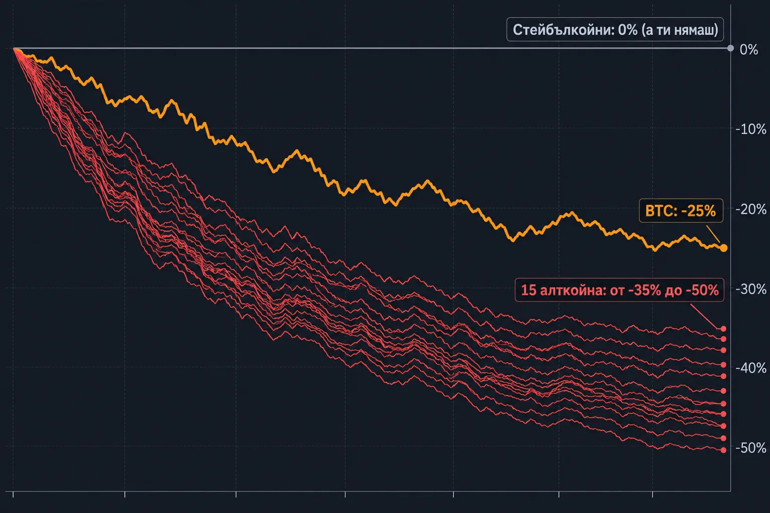 Сравнение за седмица: BTC -25%, 15 алткойна от -35% до -50%