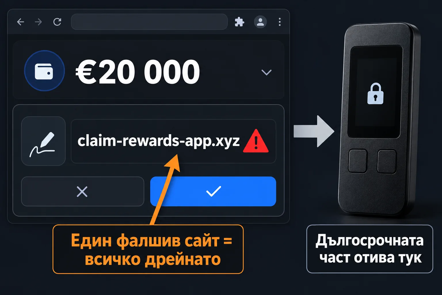 Hot wallet с €20 000 и фалшив сайт; дългосрочното отива в хардуерен wallet